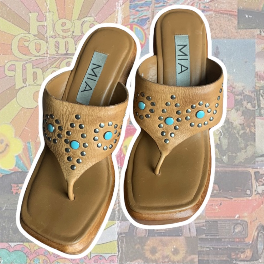 Vintage Y2K Chunky Wooden Sandals with Turquoise Details